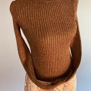 INC Copper Brown Metallic Rib Knit Sweater with Gold Shoulder Buttons NWT
